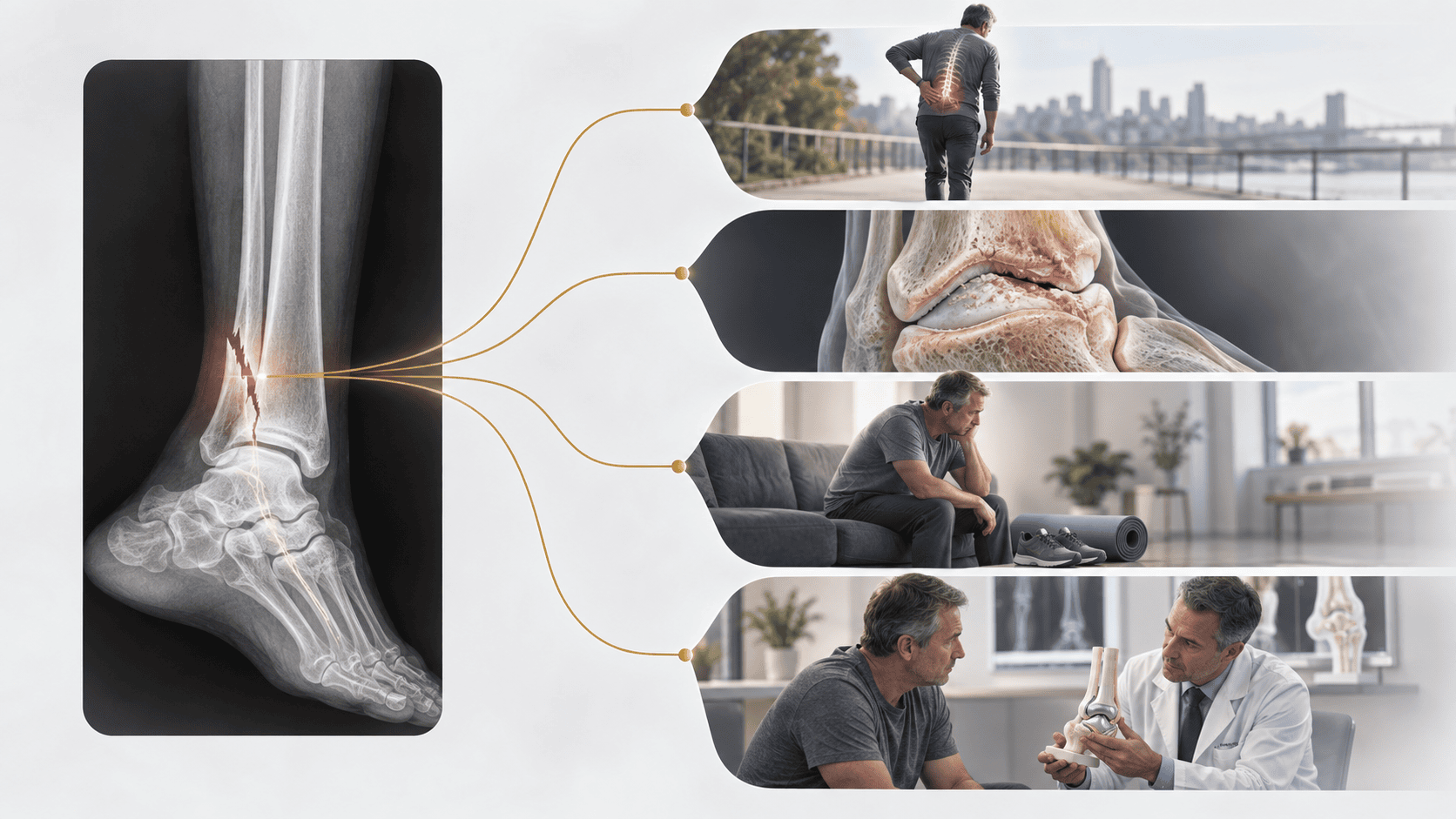 An ankle fracture on an X-ray branching into possible consequences including altered gait and back pain, joint degeneration, reduced activity, and future orthopedic care