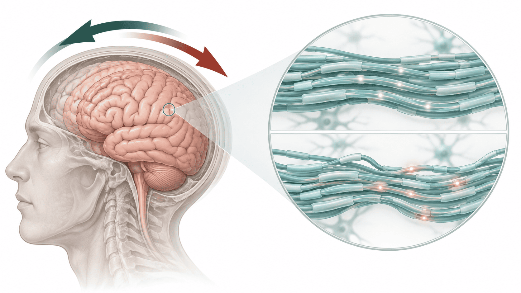 Conceptual medical illustration of brain rotation and stretching of nerve fibers